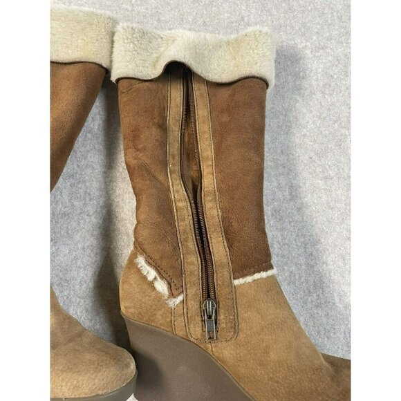 UGG Sandra Knee High Wedge Boots Women 9 Brown Leather Shearling Lined Fold Down - Picture 3 of 16